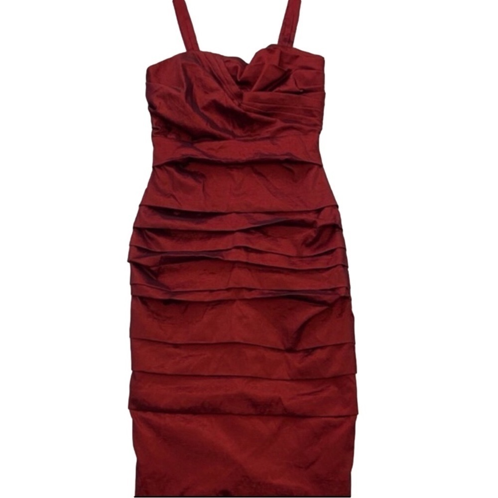 FRANK Lyman draped red mermaid dress silky metallic bodycon special occasion 10